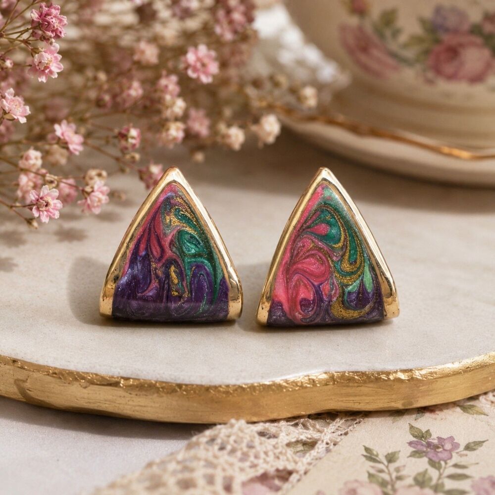 Vintage Colorful Enamel Swirl Triangle Post Earrings, Gold Tone Statement